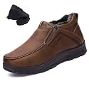 Lossarye Men's Slip-On Winter Snow Boots Warm Fur Lined Casual Non-Slip Outdoors Leather Booties Cozy Walking Loafers