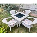 Lotey Outdoor D-8 Chairs Table Set 4+1 Wicker Patio Furniture Sets 4 Chair and 1 Table with Cushions for Garden Balcony Bedroom Powder Coated Frame Uv Protected Wicker (White + Sky Blue)