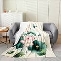 Lotus Flower Bed Blanket,Lotus Leaves Flannel Blanket for Bedroom Decor,Chinese Ink Paint Print Bedding Set for Kids Adults,Super Soft,Twin 60"x80"