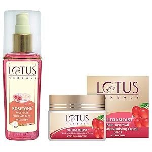 lotus herbals nutramoist skin renewal daily moisturising creme spf 25 50g and lotus herbals rosetone rose petals facial skin toner 100ml