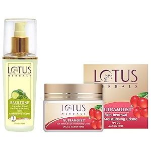 lotus herbals nutramoist skin renewal daily moisturising creme spf 25 50g and lotus herbals basiltone cucumber basil clarifying and balancing toner 100ml