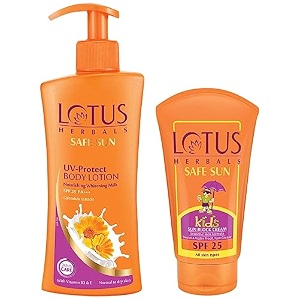 lotus herbals safe sun uv-protect body lotion for dry skin 250 ml and lotus herbals safe sun kids sun block cream spf 25 100g