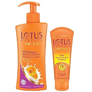 lotus herbals safe sun uv-protect body lotion for dry skin 250ml amp safe sun daily multi function sunblock spf-70 60g