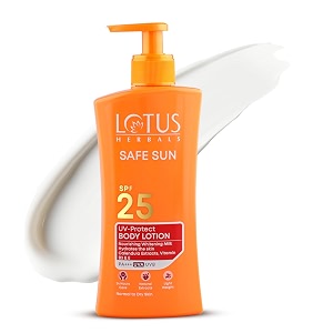 lotus herbals safe sun uv protect body lotion spf 25 pa  calendula extracts vitamin b3 and e  protects from uva and uvb rays  normal to dry skin  250ml