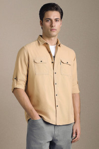 LOUIS PHILIPPE Men Solid Casual Beige Shirt