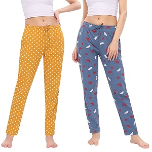 cotton printed pyjamas for women combo pack of 2 blue-yellow