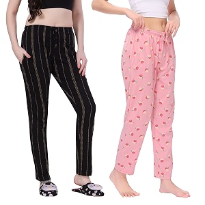 cotton printed pyjamas for women combo pack of 2 pink-black
