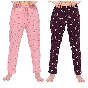 cotton printed pyjamas for women combo pack of 2 pink-wine
