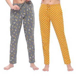 cotton printed pyjamas for women combo pack of 2 grey-yellow