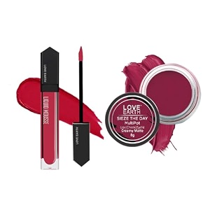love earth lip and cheek tint amp liquid lipstick combo includes liquid mousse lipstick - spicy sangria matte finish-6ml amp lip and cheek tint multipot -seize the day creamy matte-8gm