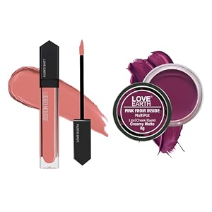love earth lip and cheek tint amp liquid lipstick combo includes liquid mousse lipstick - pink lady matte finish-6ml amp lip and cheek tint multipot -pink from inside creamy matte-8gm