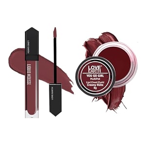 love earth lip and cheek tint amp liquid lipstick combo includes liquid mousse lipstick - irish coffee matte finish-6ml amp lip and cheek tint multipot -you go girl creamy matte-8gm