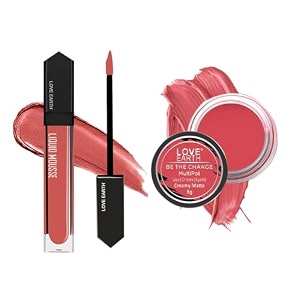 love earth lip and cheek tint amp liquid lipstick combo includes liquid mousse lipstick - bottomless mimosas matte finish-6ml amp lip and cheek tint multipot-be the change creamy matte-8gm