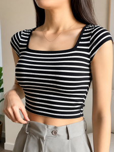 LOVERSBITE Casual Striped Women Black White Top