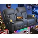 Loveseat Recliner Sofa, Home Theater Seating with Center Console, Reclining Loveseat RV Couch with USB Ports &amp; Phone Holders, Wall Hugger RV Sofa Furniture with Storage &amp; Pocket