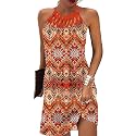 LOVESHOOT Summer Dresses for Women 2026 Casual Floral Hollow Out Halter Neck A-line Sundress for Beach Vacation with Pockets