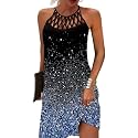 LOVESHOOT Summer Dresses for Women 2026 Casual Floral Hollow Out Halter Neck A-line Sundress for Beach Vacation with Pockets