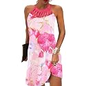 LOVESHOOT Summer Dresses for Women 2026 Casual Floral Hollow Out Halter Neck A-line Sundress for Beach Vacation with Pockets