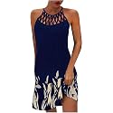 LOVESHOOT Summer Dresses for Women 2026 Casual Floral Hollow Out Halter Neck A-line Sundress for Beach Vacation with Pockets