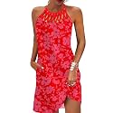 LOVESHOOT Summer Dresses for Women 2026 Casual Floral Hollow Out Halter Neck A-line Sundress for Beach Vacation with Pockets