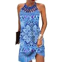 LOVESHOOT Summer Dresses for Women 2026 Casual Floral Hollow Out Halter Neck A-line Sundress for Beach Vacation with Pockets