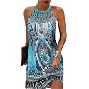 LOVESHOOT Summer Dresses for Women 2026 Casual Floral Hollow Out Halter Neck A-line Sundress for Beach Vacation with Pockets