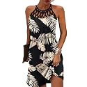 LOVESHOOT Summer Dresses for Women 2026 Casual Floral Hollow Out Halter Neck A-line Sundress for Beach Vacation with Pockets