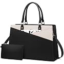 LOVEVOOK Laptop Tote Bag for Women, Leather Business Office Work Bag Computer Briefcase with Small Clutch fit for 15.6 Inch Laptop Black-Beige