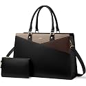 LOVEVOOK Laptop Tote Bag for Women, Leather Business Office Work Bag Computer Briefcase with Small Clutch fit for 15.6 Inch Laptop,Black-Khaki-Coffee