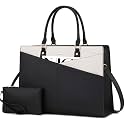 LOVEVOOK Laptop Tote Bag for Women, Waterproof Leather Business Office Work Bag Computer Briefcase with Small Clutch fit for 17.3 Inch Laptop,Black-Beige