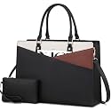 LOVEVOOK Laptop Tote Bag for Women, Leather Business Office Work Bag Computer Briefcase with Small Clutch fit for 17.3 Inch Laptop, Black-Brown-Beige
