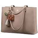LOVEVOOK Laptop Tote Bag for Women, Laptop Tote Bag with Laptop Compartment, Leather Large Computer Bag with Zipper, Handbag Briefcase with Detachable Accessorie, 15.6 Inch Beige