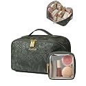 LOVEVOOK Travel Makeup Bag for Women, 2Pcs Large Capacity Cosmetic Organizer Bag, Waterproof PU Leather, Flat Open Portable Small Toiletry Pouch for Skincare, Brushes (Embossed Green, Medium)