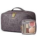 LOVEVOOK Travel Makeup Bag for Women, 2Pcs Large Capacity Cosmetic Organizer Bag, Waterproof PU Leather, Flat Open Portable Small Toiletry Pouch for Skincare, Brushes (Embossed Purple, Medium)