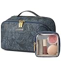 LOVEVOOK Travel Makeup Bag for Women, 2Pcs Large Capacity Cosmetic Organizer Bag, Waterproof PU Leather, Flat Open Portable Small Toiletry Pouch for Skincare, Brushes (Embossed Blue, Medium)