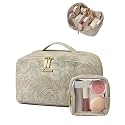 LOVEVOOK Travel Makeup Bag for Women, 2Pcs Large Capacity Cosmetic Organizer Bag, Waterproof PU Leather, Flat Open Portable Small Toiletry Pouch for Skincare, Brushes (Embossed White, Medium)