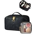 LOVEVOOK Travel Makeup Bag for Women, 2Pcs Large Capacity Cosmetic Organizer Bag, Waterproof PU Leather, Flat Open Portable Small Toiletry Pouch for Skincare, Brushes (Embossed Black, Large)