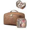 LOVEVOOK Travel Makeup Bag for Women, 2Pcs Large Capacity Cosmetic Organizer Bag, Waterproof PU Leather, Flat Open Portable Small Toiletry Pouch for Skincare, Brushes