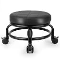 Low Roller Stool Low Height Rolling Stool Seat PU Leather Small Chair Foot Stool Round Rolling Stools for Home Office Garage Shop (Black)