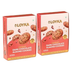 loyka chocolate almond cookies - 16x2 pcs no maida eggless teacoffee nutty gourmet biscuits almond flour california almonds choco-chips healthy guilt-free morningevening snack 450 gram