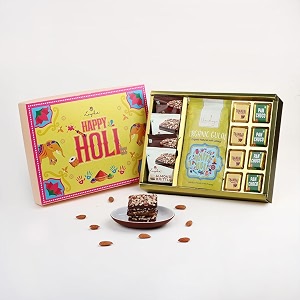 loyka holi mandala box with holi theme chocolates colour amp brittles  assorted pan amp thandai chocolates  organic gulaal  assorted choco delicacies