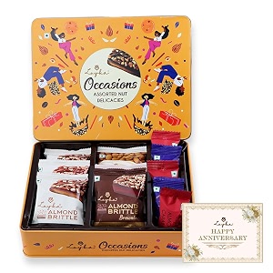 loyka occasions assorted nut delicacies reusable tin gift box with happy anniversary cardgift for all occasionschoco dryfruit delicacygift for birthdays anniversaryroasted nuts almonds-hazelnut