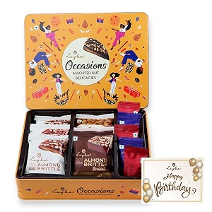 loyka occasions assorted nut delicacies reusable tin gift box with happy birthday cardgift for all occasionschoco dryfruit delicacygift for birthdays anniversaryroasted nuts almonds-hazelnut