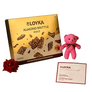 loyka almond brittle gold 8 pcs  valentines day chocolate gift with teddy rose amp valentine sticker  premium almond brittle for romantic gifting