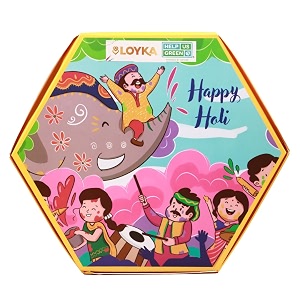 loyka x help us green holi rang barse hamper box festival sweets and colors paan dates almond brittle gold trail mix thandai powder amp 2 holi colors