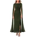 Lrady Women's Formal Evening Gowns High Split Ruffle Wedding Guest Cape Sleeve Cocktail Party Maxi Dresses