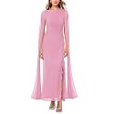 Lrady Women's Formal Evening Gowns High Split Ruffle Wedding Guest Cape Sleeve Cocktail Party Maxi Dresses