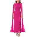 Lrady Women's Formal Evening Gowns High Split Ruffle Wedding Guest Cape Sleeve Cocktail Party Maxi Dresses