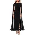 Lrady Women's Formal Evening Gowns High Split Ruffle Wedding Guest Cape Sleeve Cocktail Party Maxi Dresses