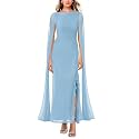 Lrady Women's Formal Evening Gowns High Split Ruffle Wedding Guest Cape Sleeve Cocktail Party Maxi Dresses